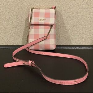 NEW Kate Spade BRADLEY Gingham Pebbled Leather Phone Wallet Pink White Crossbody
